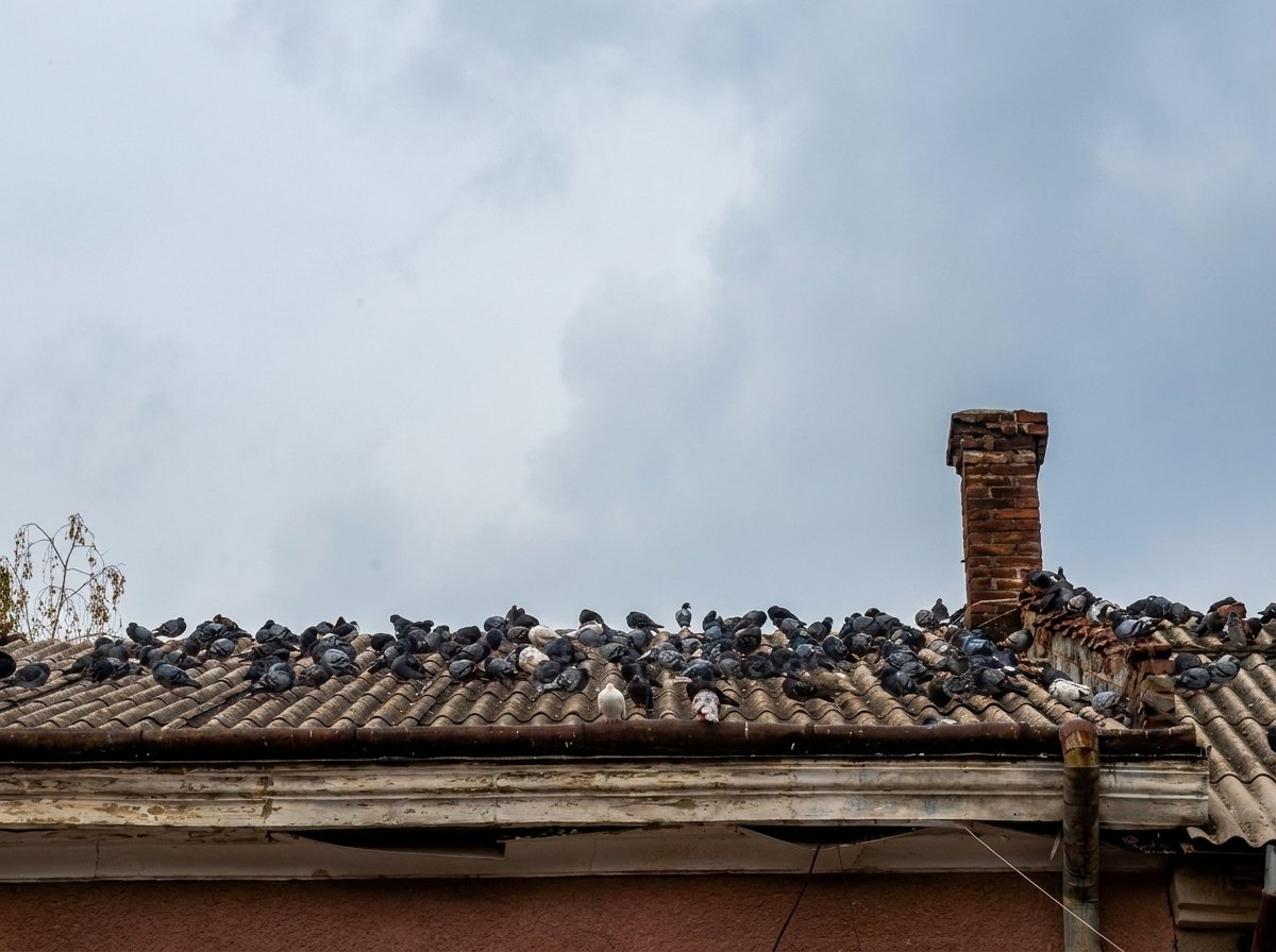 Bando de pombos ocupando uma cobertura residencial