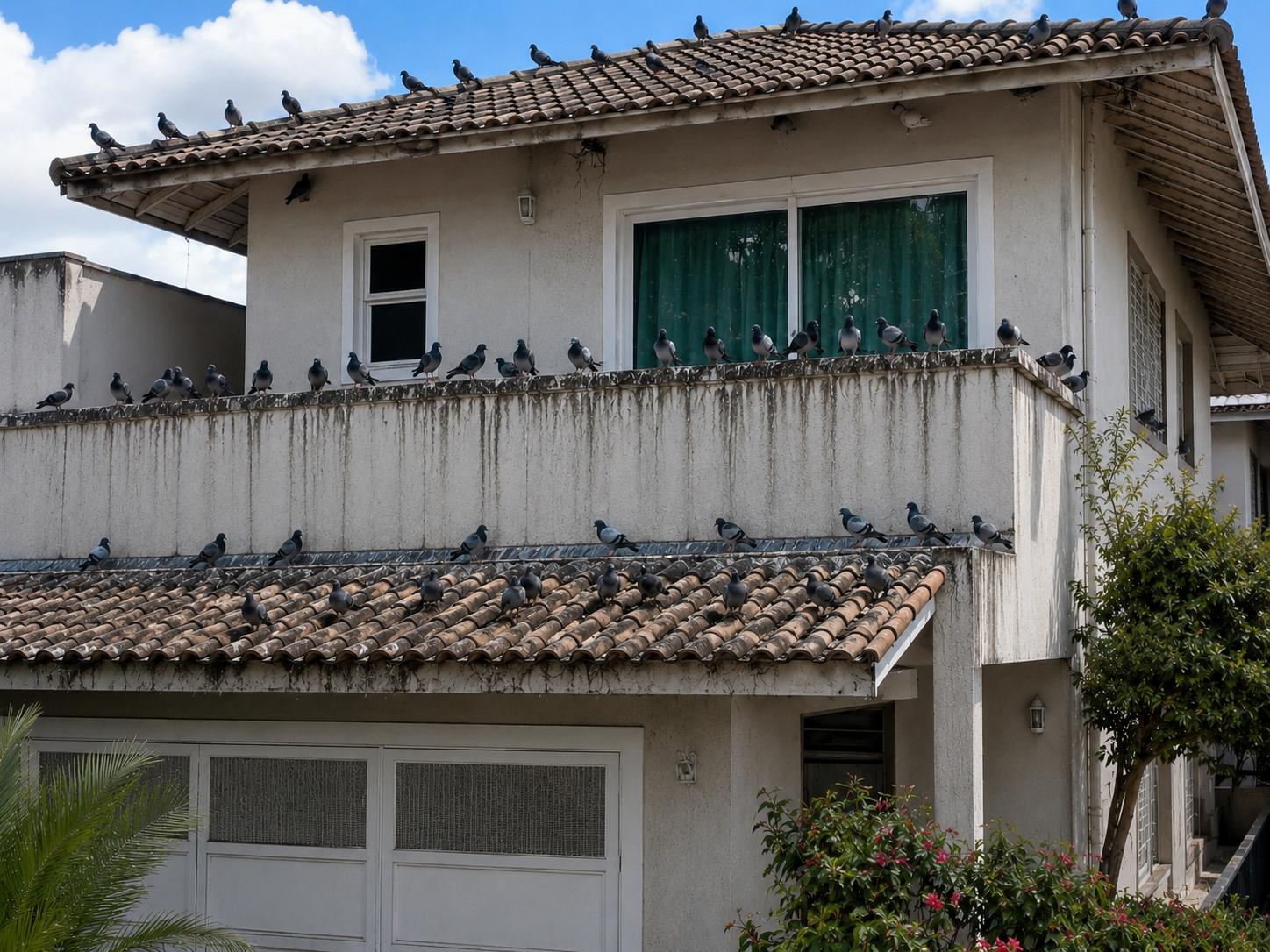Residência com concentração de pombos em telhados, muros e varandas