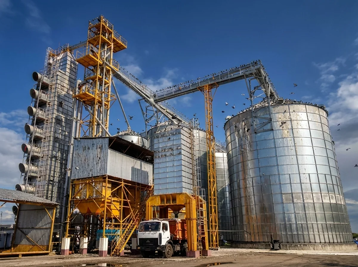 Silos e estruturas industriais com presença de aves